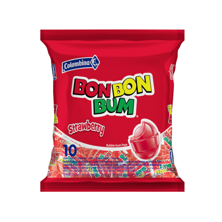 COLOMBINA Bon Bon Bum - Lutscher, Erdbeer - Palettas Sabor Fresa Rellenas de Chicle, 160g