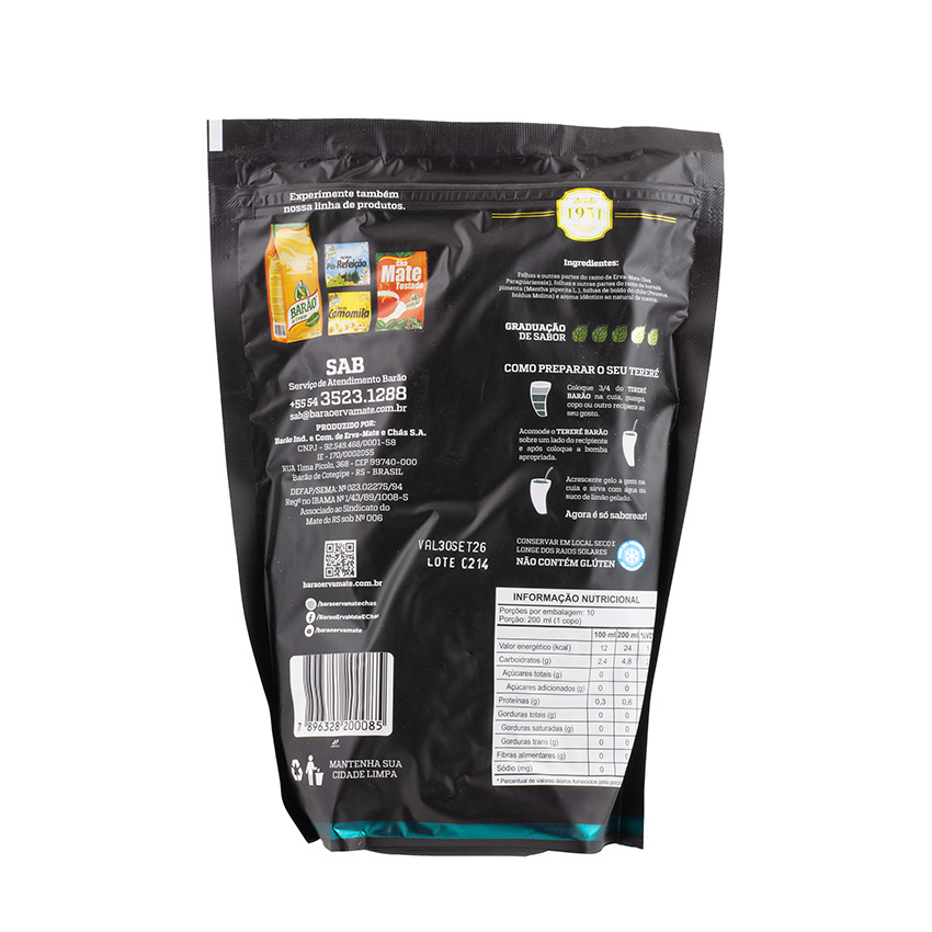 BARÃO Mate-Tee mit Minze und Boldoblättern - Erva Mate com Menta e Boldo, 500g