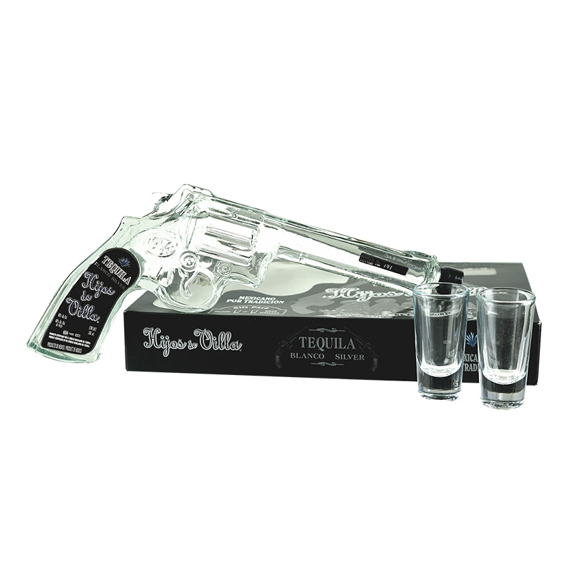 HIJOS DE VILLA Weißer Tequila, Pistolenflasche - Tequila Blanco, 200ml, 40%vol + 2 Gläsern
