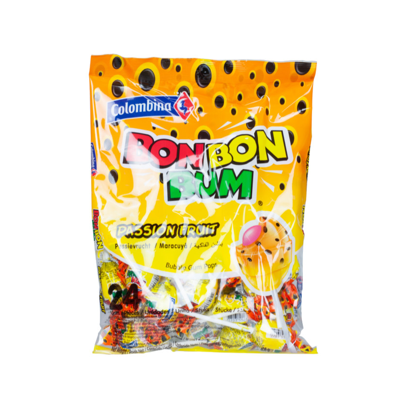 COLOMBINA Bon Bon Bum - Paletas Sabor Maracuyá Rellenas de Chicle, 408g