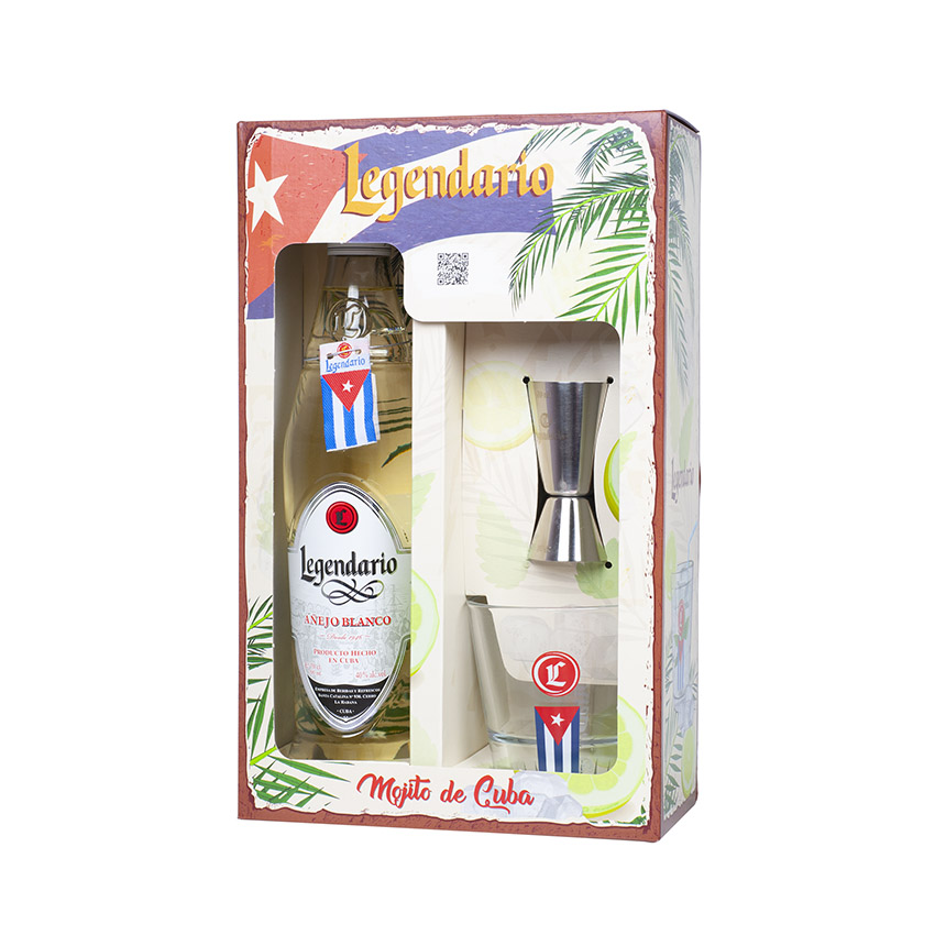 LEGENDARIO Set - Mojito Añejo Blanco - 1 Fl. Rum Añejo Blanco 700ml + 1 Cocktailglas + 1 Messbecher