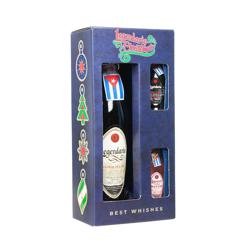 LEGENDARIO Set - Navidad - 1 Fl. Elixir Rum-Likör 700ml + 2 Miniaturflaschen 50ml (Añejo + Ronssé)
