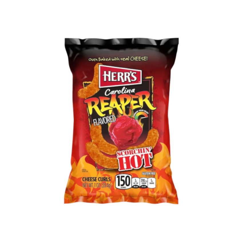 HERR´S Carolina Reaper Cheese Curls Extra Hot - Flips de Maíz y Queso con Chile Carolina Reaper, extra picantes, 28g