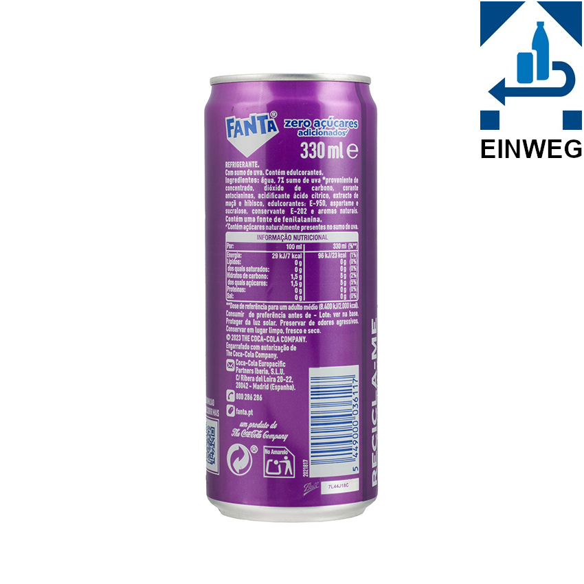 FANTA Traube Erfrischungsgetränk - Refrigerante de Uva Sem Açúcar, 330ml --DPG--