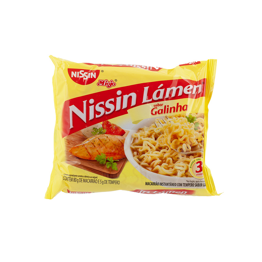 NISSIN Miojo Lámen Fideos Inst. Sabor a Pollo - Mararrão Miojo Nissin Lámen Sabor Galinha, 85g