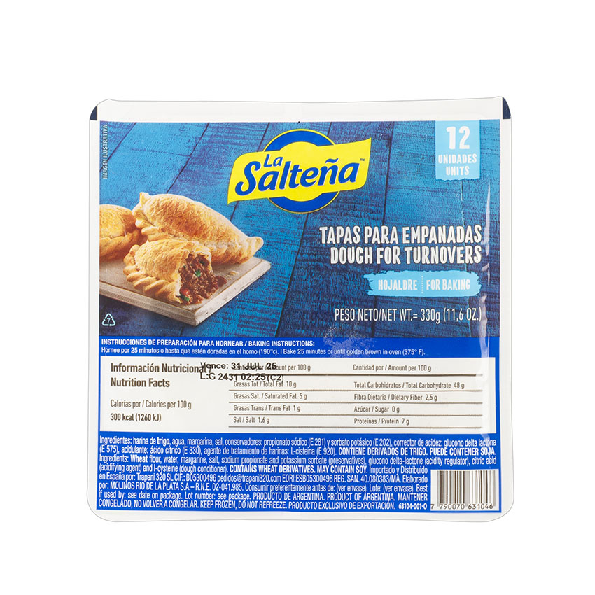 LA SALTEÑA Massa Folhada Congelada para Empanadas de Forno - Tapas para Empanadas para Horno, 330g