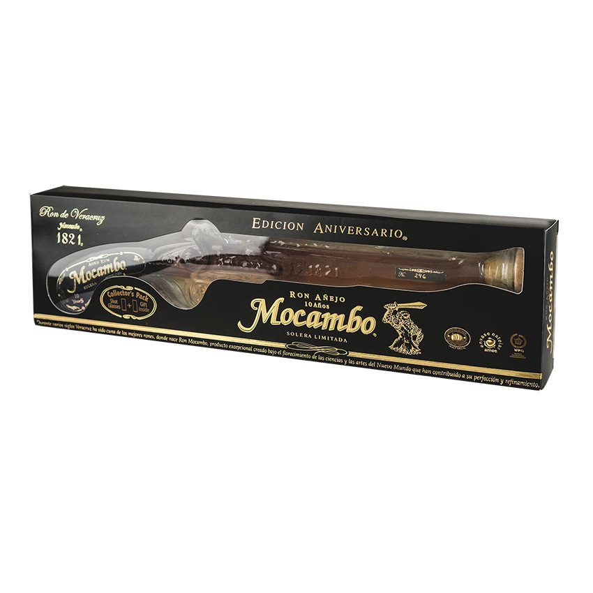 MOCAMBO Añejo - Brauner Rum, 10 Jahre, Pistolenflasche, 200ml, 40% vol + 2 Gläsern