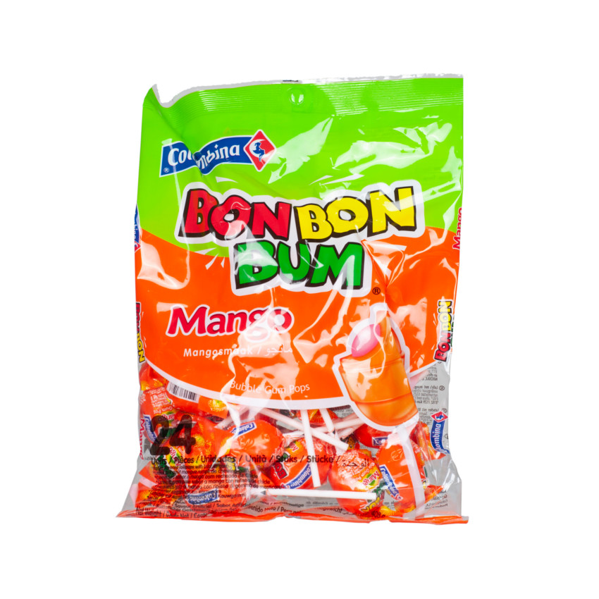 COLOMBINA Bon Bon Bum - Paletas Sabor Mango Rellenas de Chicle, 408g